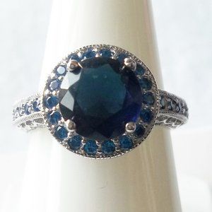 Sapphire halo ring, 925 silver, engagement ring, size 6 US, promise ring